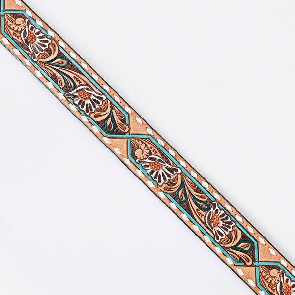 LC-ADBLF161 Tooled Leather Belt - White Daisy Floral with Teal Diamond Accents