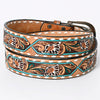 LC-ADBLF161 Tooled Leather Belt - White Daisy Floral with Teal Diamond Accents