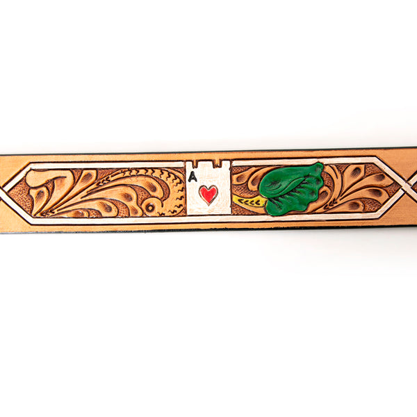 LC-ADBLF162 Tooled Leather Western Belt - Ace of Hearts & Green Leaf Design