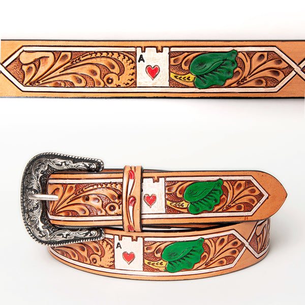 LC-ADBLF162 Tooled Leather Western Belt - Ace of Hearts & Green Leaf Design