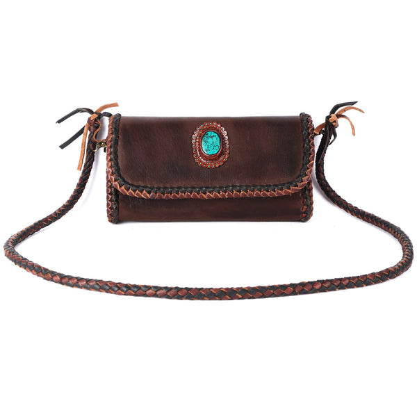 ADBGM267 Mini Western Leather Crossbody - Braided Edge & Turquoise Concho