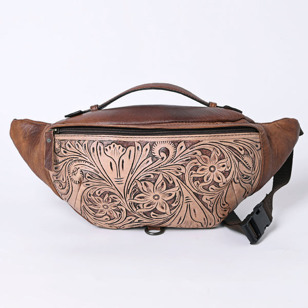 ADBG1211 American Darling Western Hand-Tooled Leather Fanny Pack - Floral Carved Genuine Leather Belt Bag