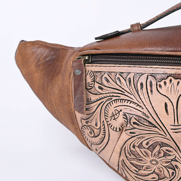 ADBG1211 American Darling Western Hand-Tooled Leather Fanny Pack - Floral Carved Genuine Leather Belt Bag