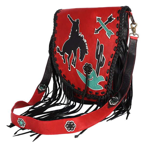 ADBGM352 Red Western Rodeo Leather Messenger Bag with Fringe & Applique- Cowgirl Statement Messenger