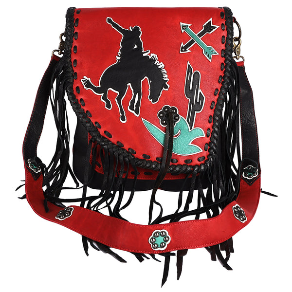 ADBGM352 Red Western Rodeo Leather Messenger Bag with Fringe & Applique- Cowgirl Statement Messenger