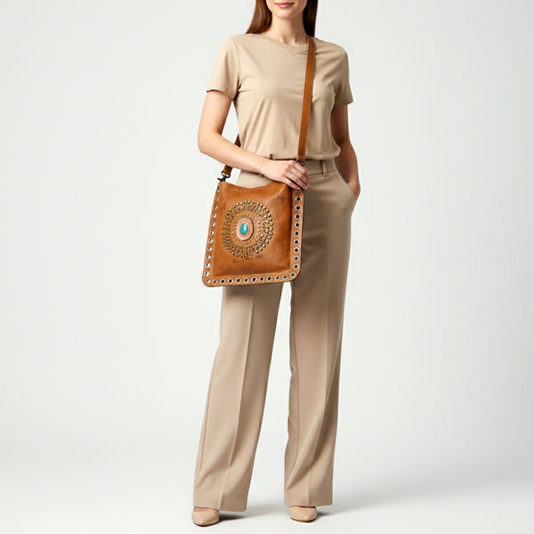 ADBGM353 Leather Crossbody Bag with Studded Circle & Turquoise Concho - Western Grommet Shoulder Purse