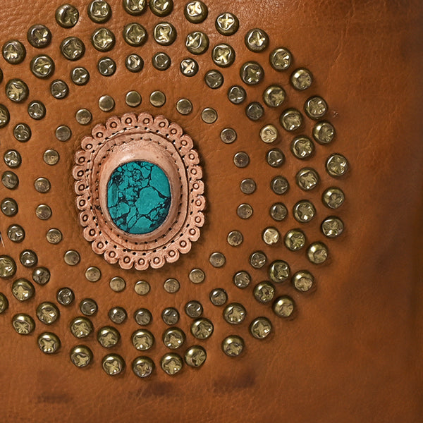 ADBGM353 Leather Crossbody Bag with Studded Circle & Turquoise Concho - Western Grommet Shoulder Purse