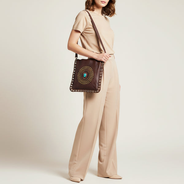 ADBGM353 Leather Crossbody Bag with Studded Circle & Turquoise Concho - Western Grommet Shoulder Purse