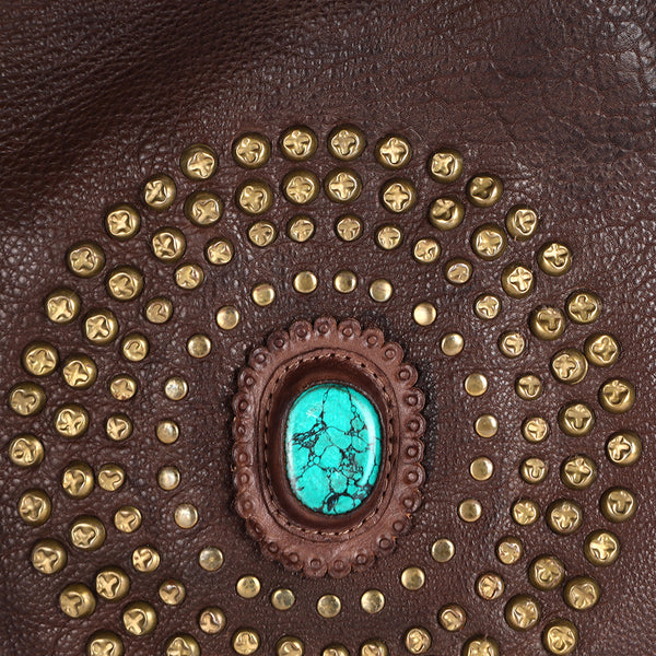 ADBGM353 Leather Crossbody Bag with Studded Circle & Turquoise Concho - Western Grommet Shoulder Purse