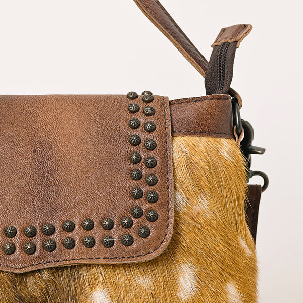ADBG1212 American Darling Western Hair-On Cowhide Leather Shoulder Bag with Studded Flap & Adjustable Strap