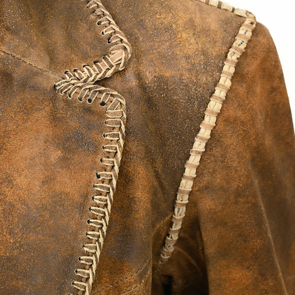 LC-ADJKT033 Women's Rustic Distressed Leather Blazer Coat & Beaded Accents