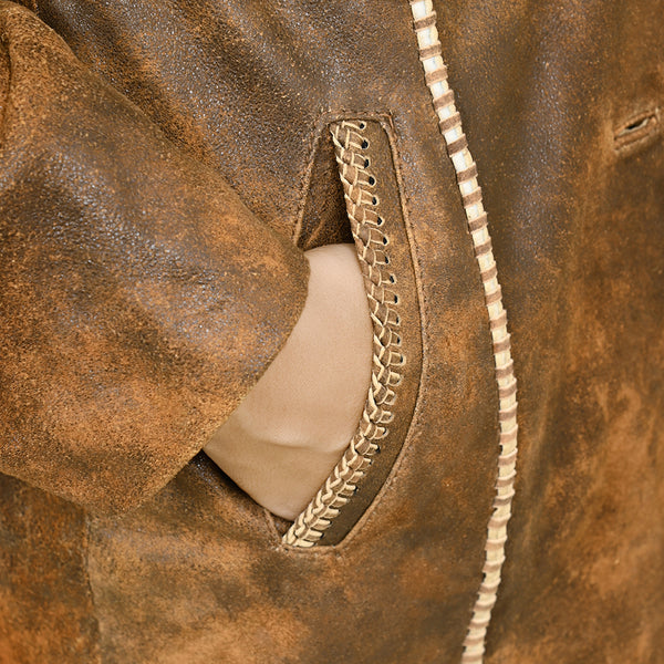 LC-ADJKT033 Women's Rustic Distressed Leather Blazer Coat & Beaded Accents