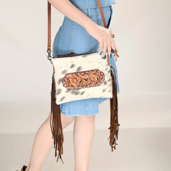ADBG109 American Darling Hair-On Cowhide Leather Western Small Crossbody Bag with Fringes