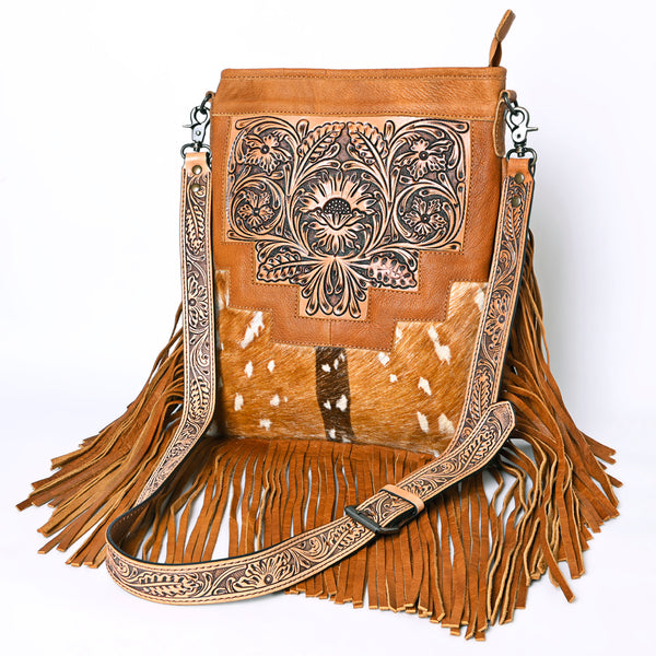 ADBG256 American Darling Messenger Bag - Hand Tooled Floral Leather & Hair-On Cowhide Purse