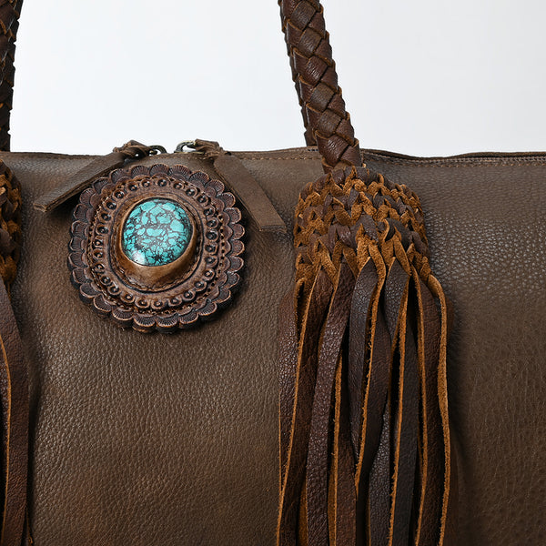 ADBGM356 Western Barrel Duffel Bag in Brown Leather with Turquoise Concho & Fringe - Handmade Travel Tote