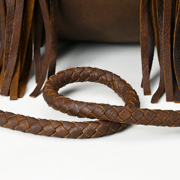ADBGM356 Western Barrel Duffel Bag in Brown Leather with Turquoise Concho & Fringe - Handmade Travel Tote