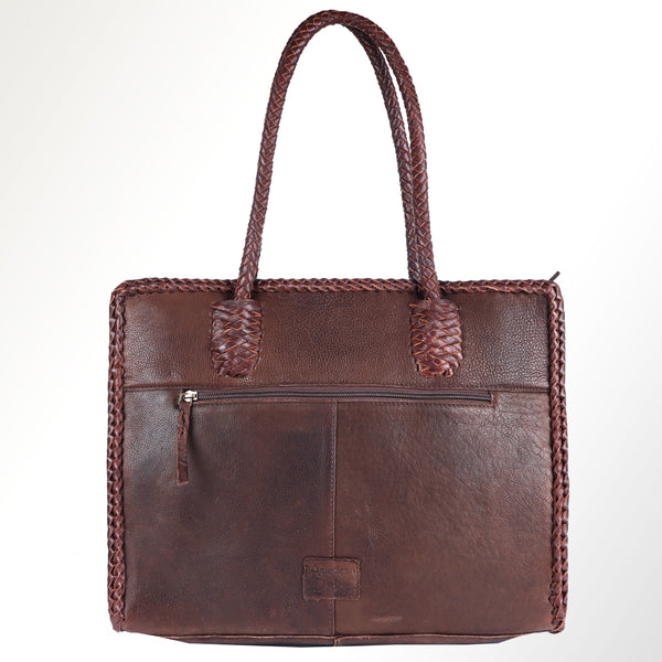 ADBGM348 Leather Tote Bag with Turquoise Concho & Fringe - Handmade Western Braided Strap Purse