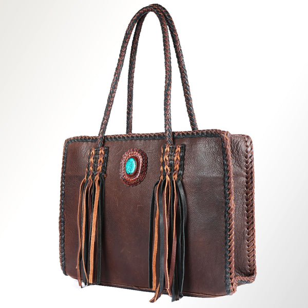 ADBGM348 Leather Tote Bag with Turquoise Concho & Fringe - Handmade Western Braided Strap Purse