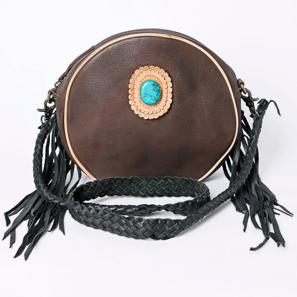 ADBGM292 Round Western Canteen Bag - Turquoise Concho, Fringe & Braided Strap