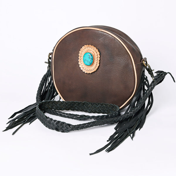 ADBGM292 Round Western Canteen Bag - Turquoise Concho, Fringe & Braided Strap