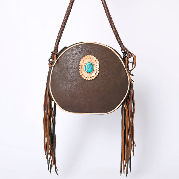 ADBGM292 Round Western Canteen Bag - Turquoise Concho, Fringe & Braided Strap