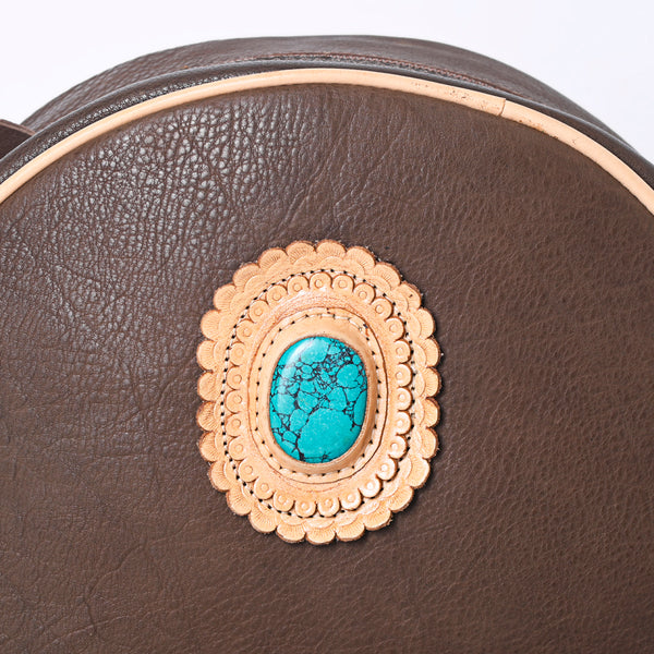 ADBGM292 Round Western Canteen Bag - Turquoise Concho, Fringe & Braided Strap