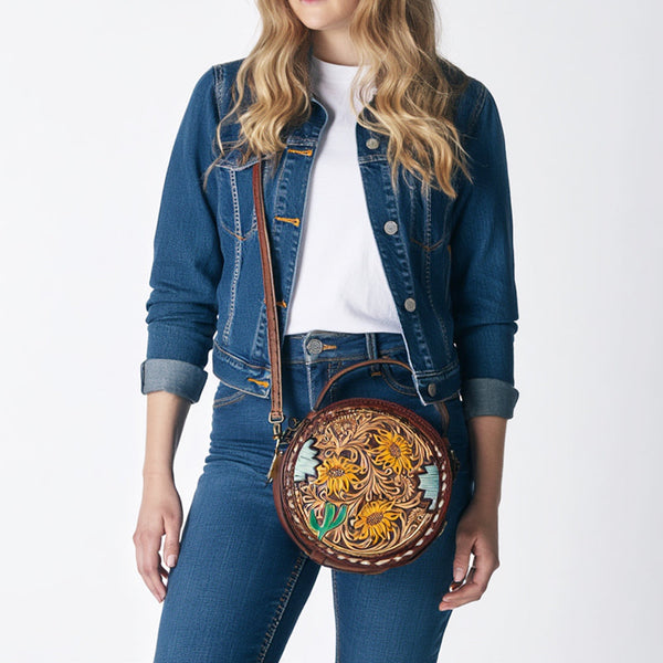 ADBG1188 American Darling Western Tooled Leather Canteen Bag Floral Carved Inlay