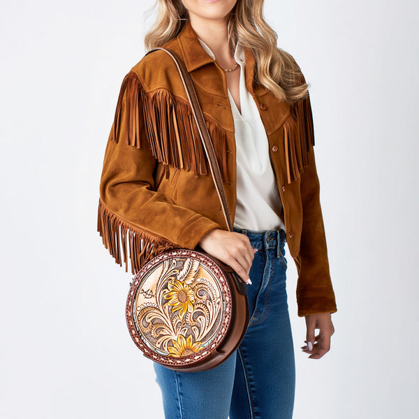 ADBG1188 American Darling Western Tooled Leather Canteen Bag Floral Carved Inlay