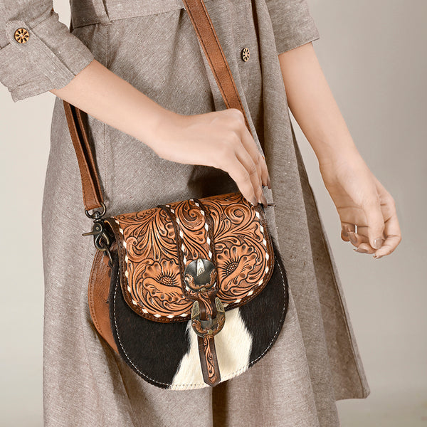 ADBG1222 American Darling Hand-Tooled Hair-On Cowhide Genuine Leather Western Crossbody Bag