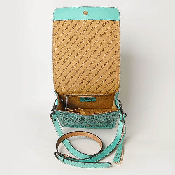 ADBGZ753 Square Hand Tooled Leather Crossbody Bag - Western Floral White Whipstitch Trim