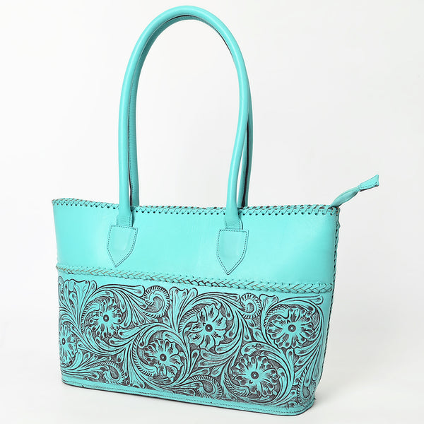 ADBGZ756 Tall Hand Tooled Leather Tote Bag - Western Floral Half-Tooled Cowgirl Purse