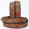 LC-ADBLF120A Tooled Leather Belt - Maroon & Tan with Red Floral Design and Diamond Border