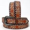 LC-ADBLF120A Tooled Leather Belt - Maroon & Tan with Red Floral Design and Diamond Border