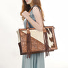 LC-ADBGZ695 Hair-On Cowhide Tote Bag with Hand-Tooled Leather & Fringe - Western Shoulder Bag