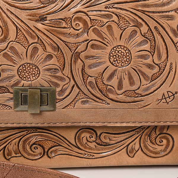 ADBG1229 American Darling Hand Tooled Western Leather Crossbody Bag - Floral Carved Genuine Leather Purse
