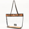 ADBG1238 American Darling Western Clear Tote Bag with Hand-Tooled Leather Trim - Genuine Leather Stadium-Approved Tote