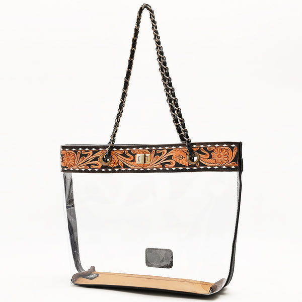 ADBG1238 American Darling Western Clear Tote Bag with Hand-Tooled Leather Trim - Genuine Leather Stadium-Approved Tote