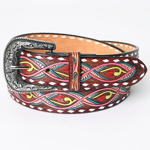 LC-ADBLF150 Hand-Tooled Leather Belt - Neon Abstract Floral Scroll with Pink & Teal Accents