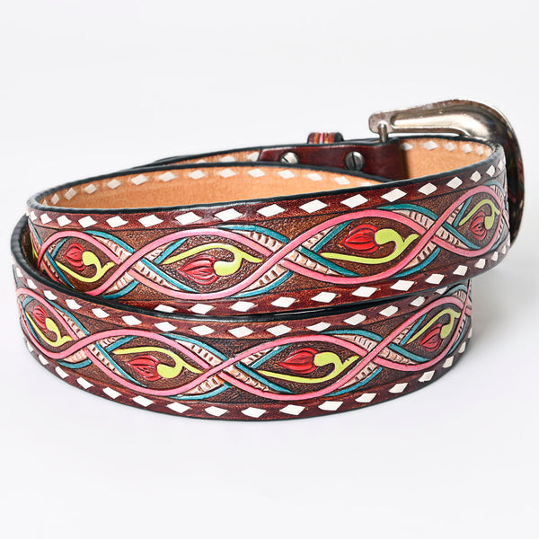 LC-ADBLF150 Hand-Tooled Leather Belt - Neon Abstract Floral Scroll with Pink & Teal Accents