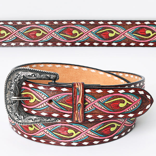 LC-ADBLF150 Hand-Tooled Leather Belt - Neon Abstract Floral Scroll with Pink & Teal Accents