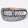 LC-ADBLF165 Black & White Tooled Leather Western Belt - Floral Pattern with Red Stud Accents