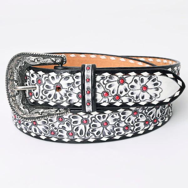 LC-ADBLF165 Black & White Tooled Leather Western Belt - Floral Pattern with Red Stud Accents