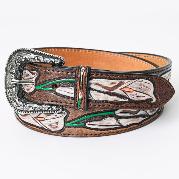 LC-ADBLF166 Handtooled Leather Belt - White Calla Lily Vine Design on Chocolate Brown