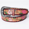 LC-ADBLF167 Handtooled Leather Belt - Pink Roses & Calla Lilies on Red-Bordered Natural Leather
