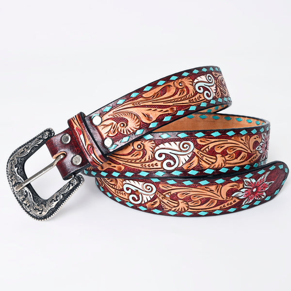LC-ADBLF170 Handtooled Leather Western Belt - Red Floral & Turquoise Diamond Inlay