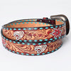 LC-ADBLF170 Handtooled Leather Western Belt - Red Floral & Turquoise Diamond Inlay