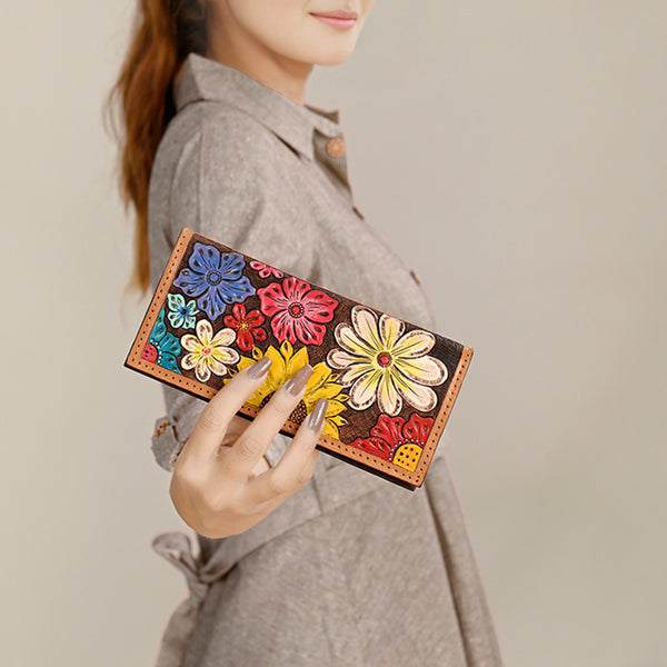 ADBGA429 American Darling Hand Tooled Floral Carved Leather Clutch Bag Western Wallet