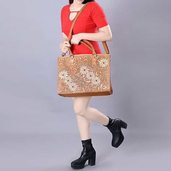 ADBG235 American Darling Western Leather Tote Bag - Hand Tooled Floral Carved Braided Purse