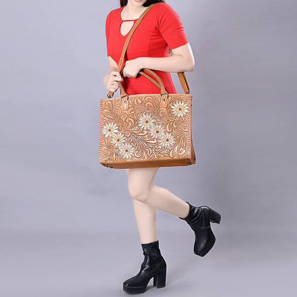 ADBG235 American Darling Western Leather Tote Bag - Hand Tooled Floral Carved Braided Purse