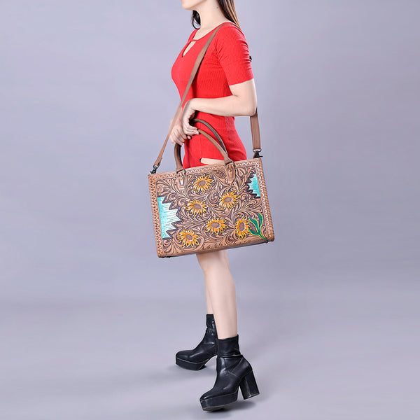 ADBG235 American Darling Western Leather Tote Bag - Hand Tooled Floral Carved Braided Purse